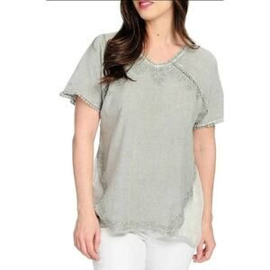 OSO Casuals Women's Grey Short Sleeve Top with Embroidery 1XL NWT
